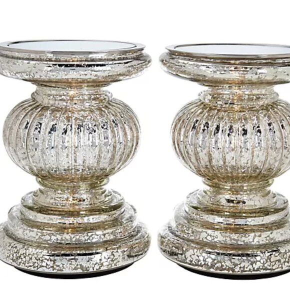 Valerie Parr Hill Other - Set of 2 ILLUMINATED Mercury Glass Candle Holder Pedestals w/ Mirror Inserts NIB